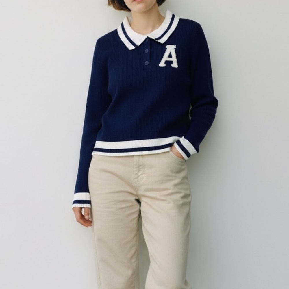 Jolie & Joy Navy Blue Varsity Letter 'A' Ribbed Knit Polo Sweater